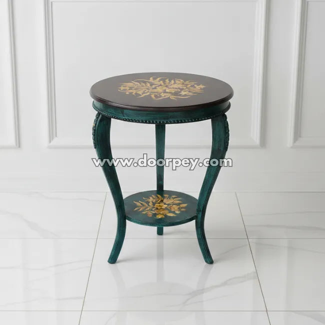 Emerald Grace round hand painted accent table in emerald green with gold floral detailing made from kikar wood and MDF