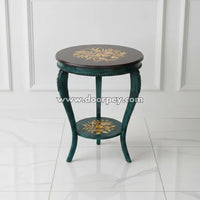 Emerald Grace round hand painted accent table in emerald green with gold floral detailing made from kikar wood and MDF