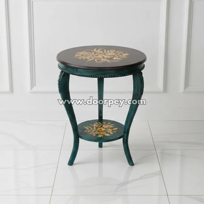 Emerald Grace round hand painted accent table in emerald green with gold floral detailing made from kikar wood and MDF