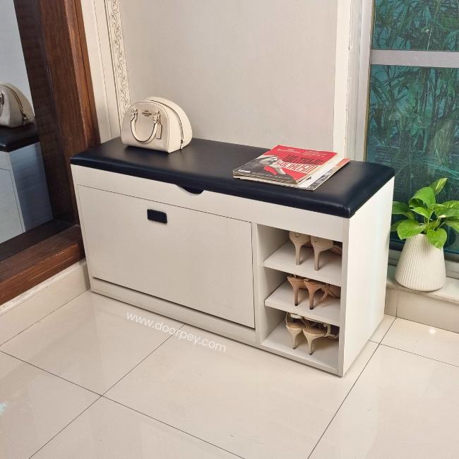 Stylish Blanche Flip Drawer Shoe Rack made from laminated chipboard with PVC edging.
