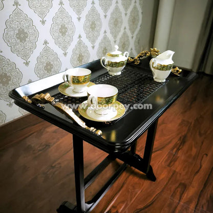 Portable wooden folding serving tray table with removable tray for snacks and drinks