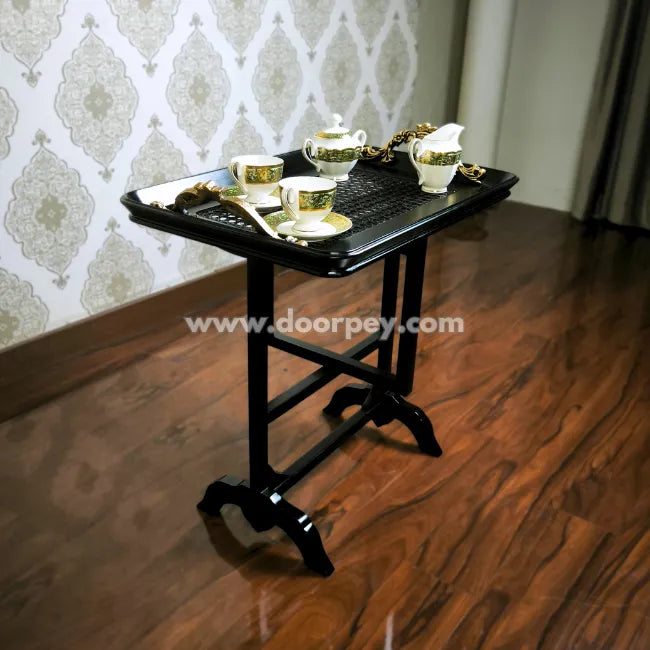 Black folding tray table with serving tray top ideal for tea serving and space saving use