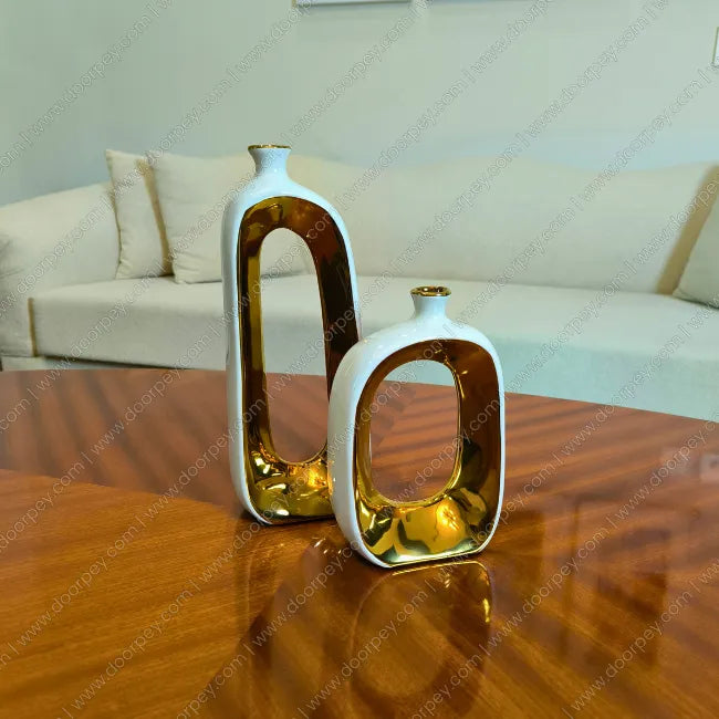 Golden Halo ceramic vase set with white and gold finish decorative donut vase for modern home decor