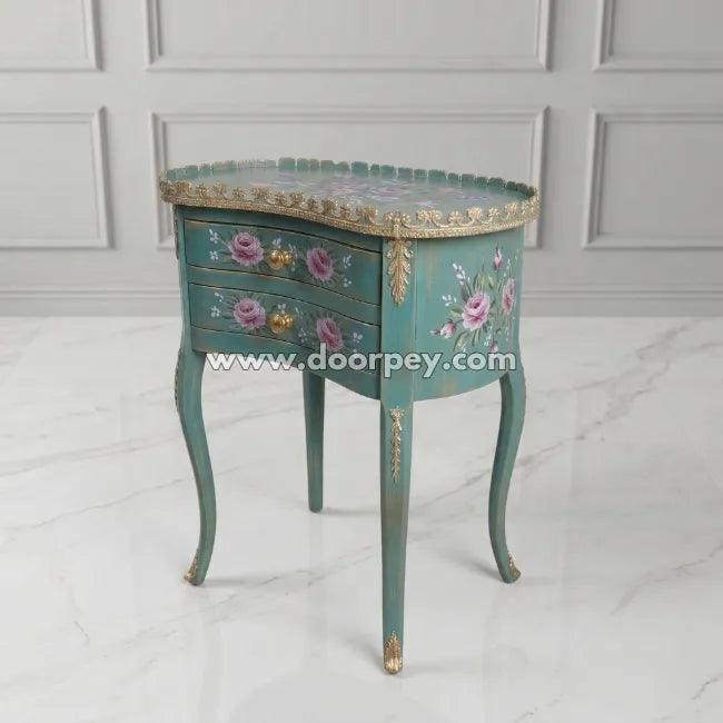 Decorative side table with floral designs on a white background