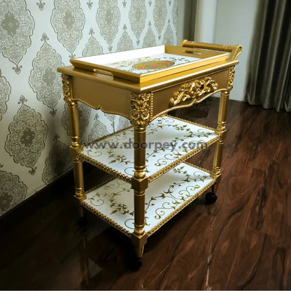 Imperial Gold Wooden Trolley – Removable Tray Top & Drawer