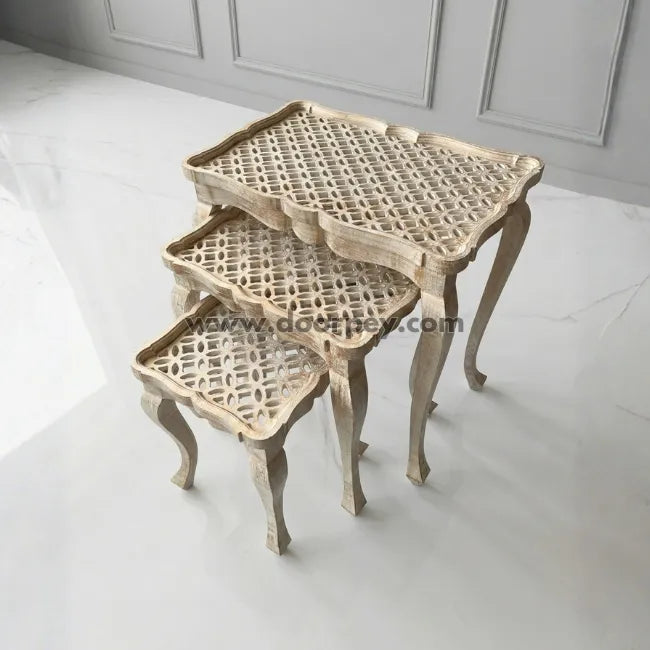 Ivory lattice wooden side tables nesting set with curved legs