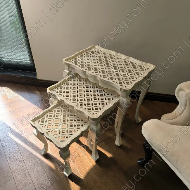 Ivory Lattice Wooden Nesting Table