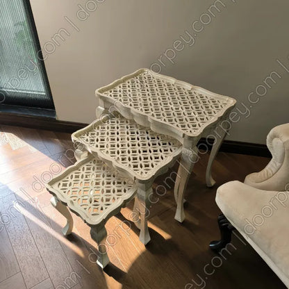 Ivory Lattice Wooden Nesting Table