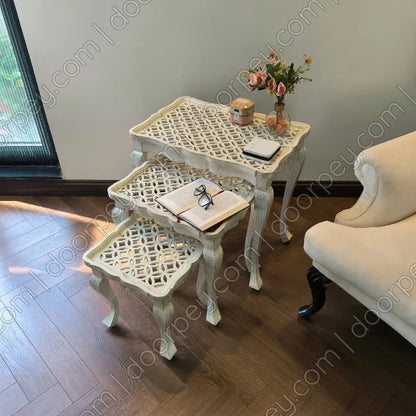 Ivory Lattice Wooden Nesting Table