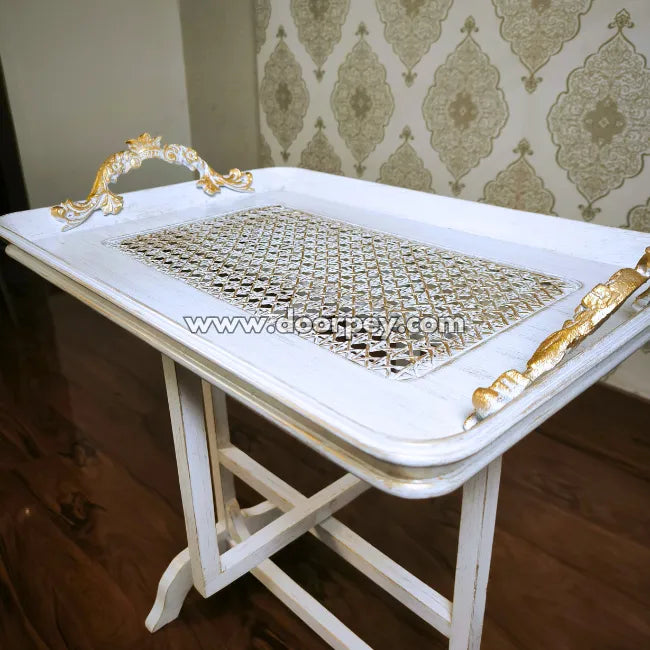 White wooden folding serving tray table featuring elegant gold accents and removable tray top