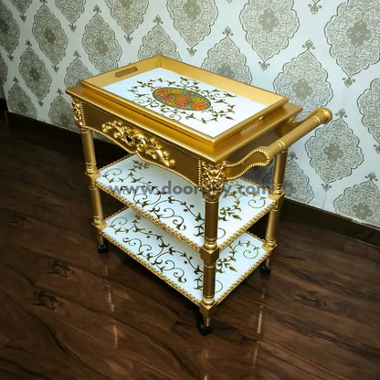 Imperial Gold Wooden Trolley – Removable Tray Top & Drawer
