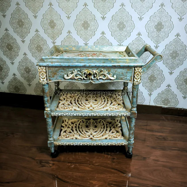 Antique Azure Wooden Trolley – Removable Tray Top & Drawer