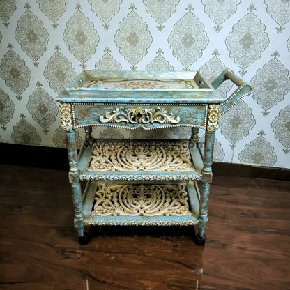 Antique Azure Wooden Trolley – Removable Tray Top & Drawer