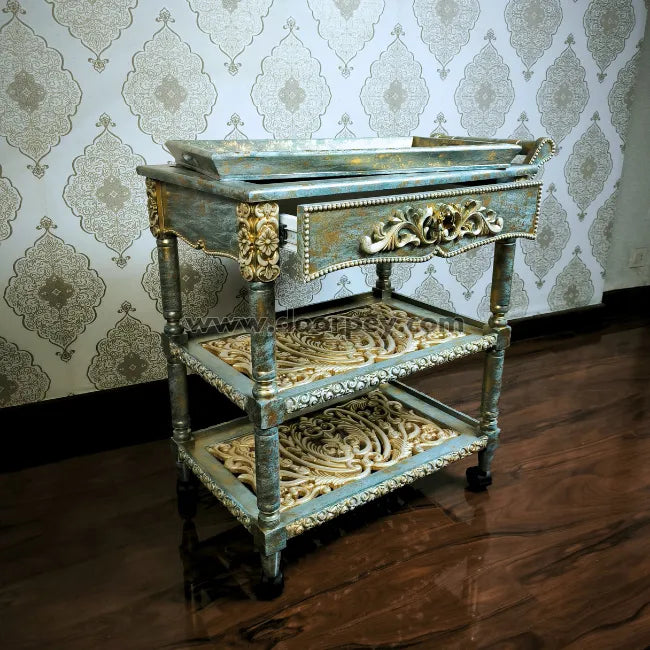 Antique Azure Wooden Trolley – Removable Tray Top & Drawer