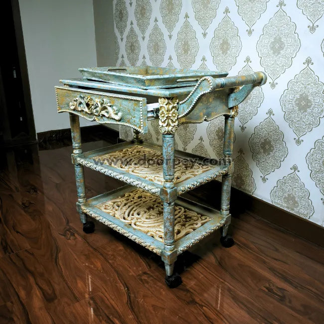 Antique Azure Wooden Trolley – Removable Tray Top & Drawer