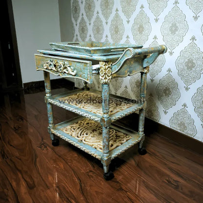 Antique Azure Wooden Trolley – Removable Tray Top & Drawer