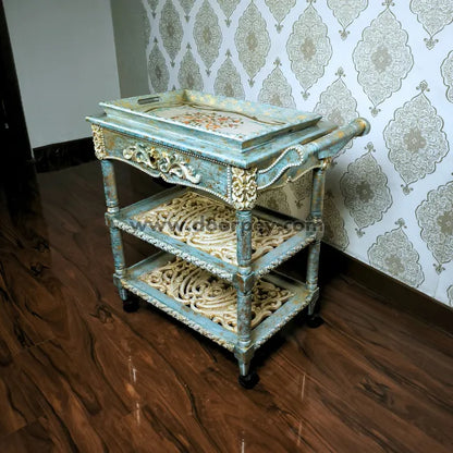 Antique Azure Wooden Trolley – Removable Tray Top & Drawer
