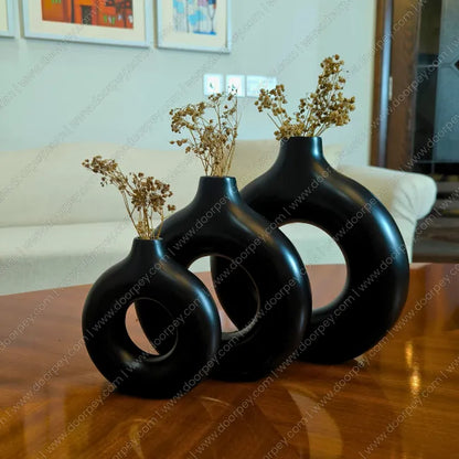 Noir Loop Decorative Vase Set with black resin finish 3-piece donut shaped vases for modern home decor styling