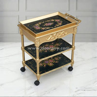 Noir Royale Wooden Trolley - Removable Tray Top & Drawer
