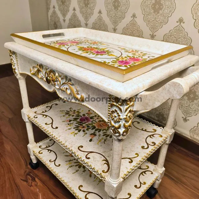 Petal harmony wooden tea trolley side close up view
