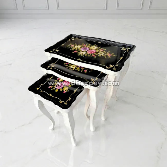Petal Noir wooden side tables nesting set with floral artwork