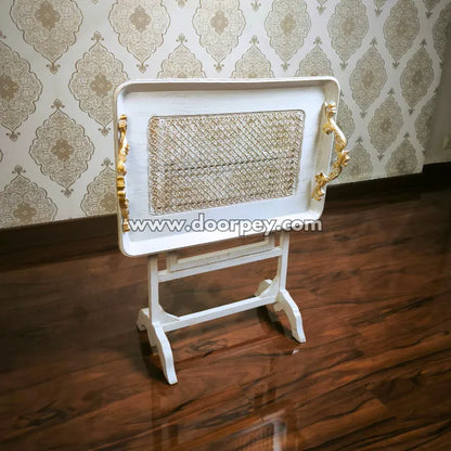 Portable white folding breakfast tray table with sturdy wooden frame