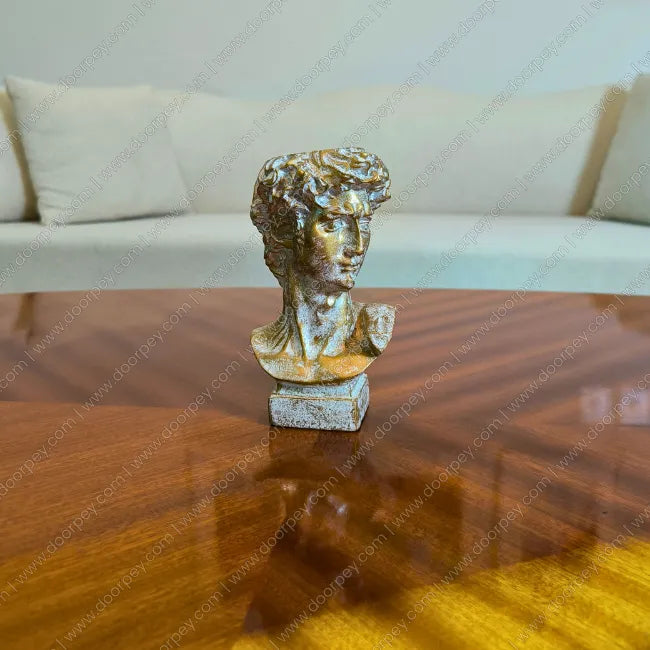 Detailed Renaissance David Bust with an antique gold finish, a sophisticated resin sculpture perfect for artistic and classical home decor styling.