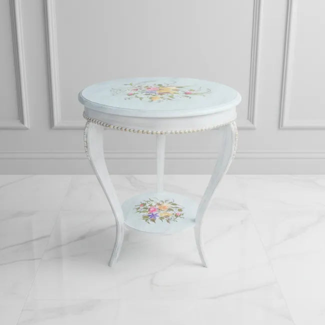 Rosewood Chic round hand painted accent table with floral design in white finish made from kikar wood