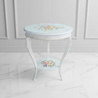 Rosewood Chic round hand painted accent table with floral design in white finish made from kikar wood