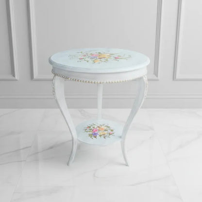Rosewood Chic round hand painted accent table with floral design in white finish made from kikar wood