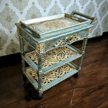 Antique Azure Wooden Trolley – Removable Tray Top & Drawer