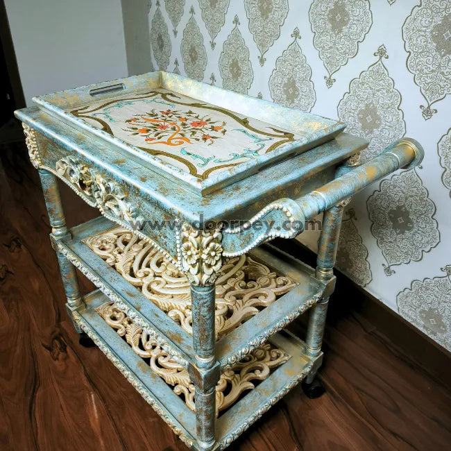 Antique Azure Wooden Trolley – Removable Tray Top & Drawer