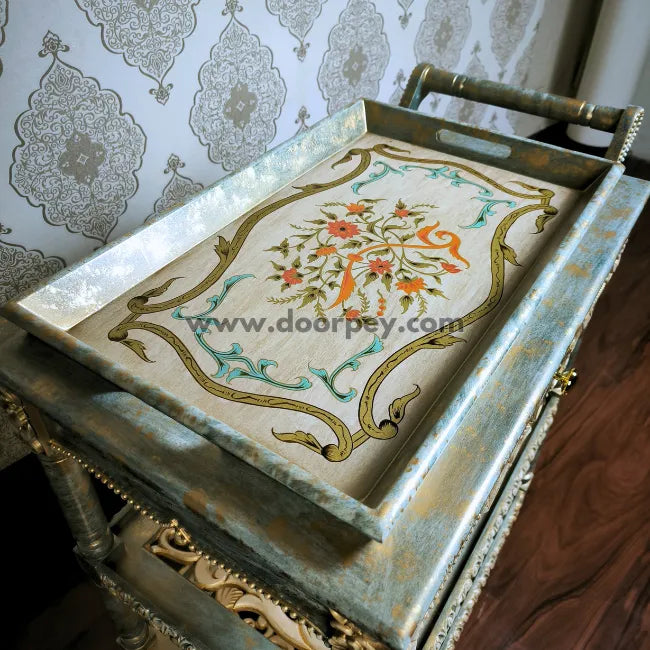 Antique Azure Wooden Trolley – Removable Tray Top & Drawer