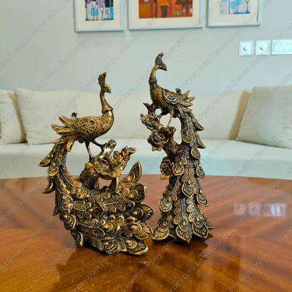 Detailed Royal Peacock resin sculpture with dark antique finish for elegant home decor styling.