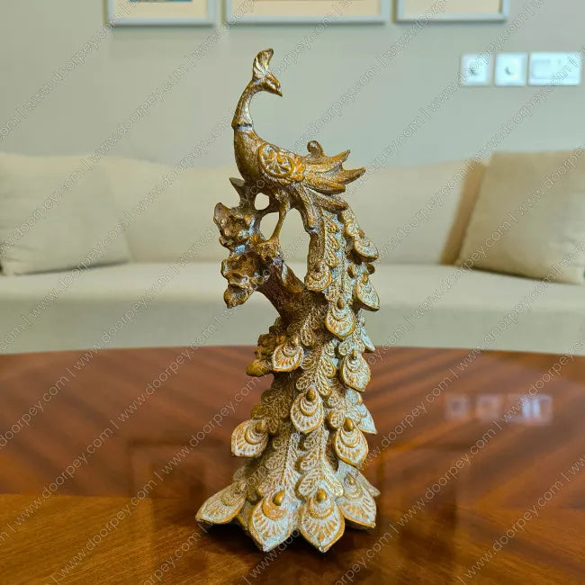 Antique gold Royal Peacock resin sculpture pair for regal and prosperous home decor accents