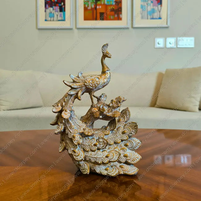Regal Royal Peacock resin sculpture with antique gold finish for sophisticated home centerpiece decor