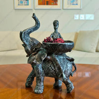 Savannah Empress Elephant Sculpture with antique silver finish decorative resin elephant and female figure for luxury home decor styling