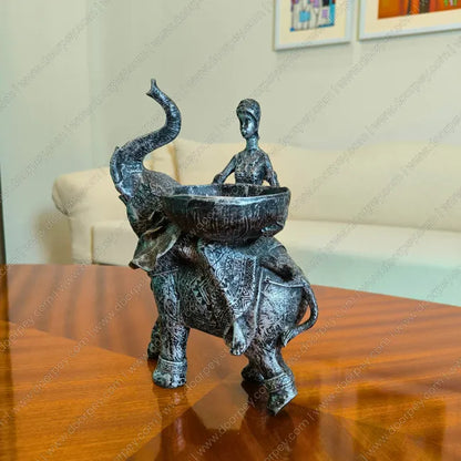 Detailed Savannah Empress Elephant Sculpture with a distressed antique silver finish for elegant home decor styling on console tables and shelves.