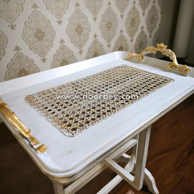 Luxury folding tea serving table in white finish with decorative gold handles
