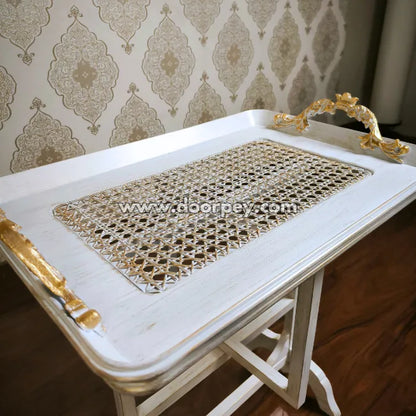 Luxury folding tea serving table in white finish with decorative gold handles