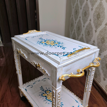 Azure Petals Trolley – Removable Tray Top & Drawers