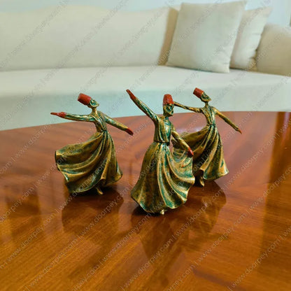 Detailed Whirling Dervish Resin Sculpture with a green patina bronze finish for elegant spiritual home decor styling on console tables and shelves.