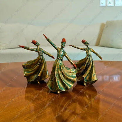Elegant Whirling Dervish Resin Sculpture in a green patina bronze finish, a sophisticated resin figurine for spiritual home decor styling.