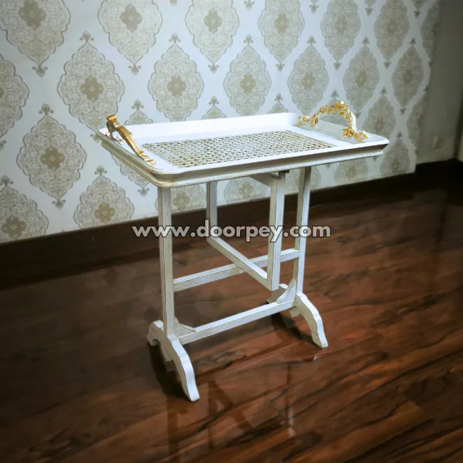 White folding tray table with gold detailing ideal for luxury tea serving and guest hosting