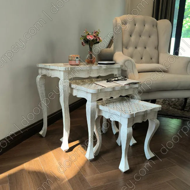 Ivory Lattice Wooden Nesting Table