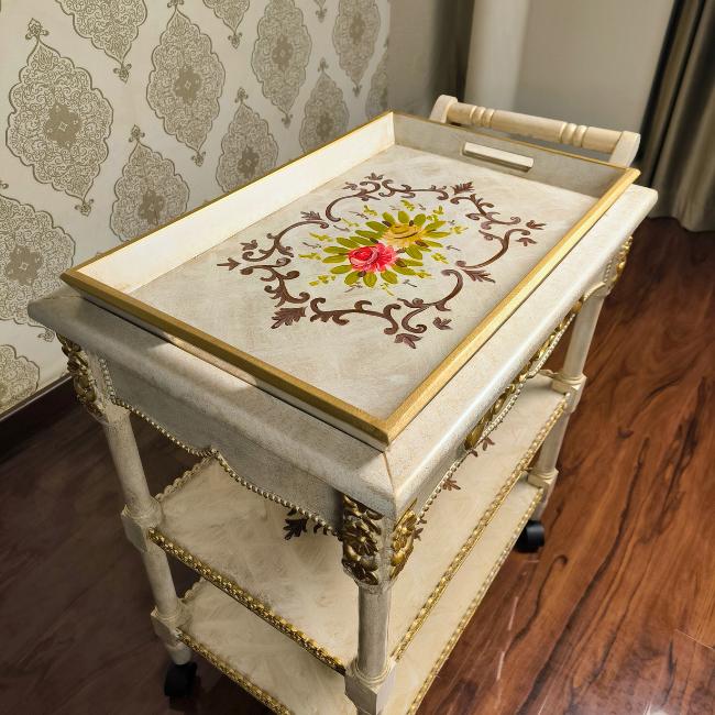 Garden Elegance hand-painted wooden serving cart with floral designs and multi-purpose functionality