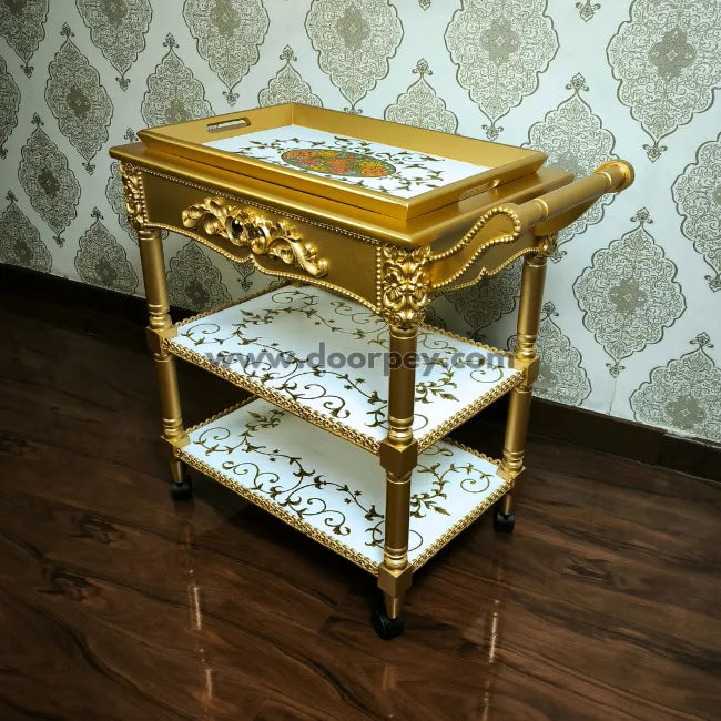 Imperial Gold Wooden Trolley – Removable Tray Top & Drawer