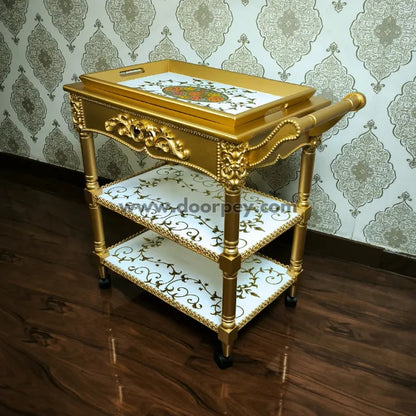 Imperial Gold Wooden Trolley – Removable Tray Top & Drawer