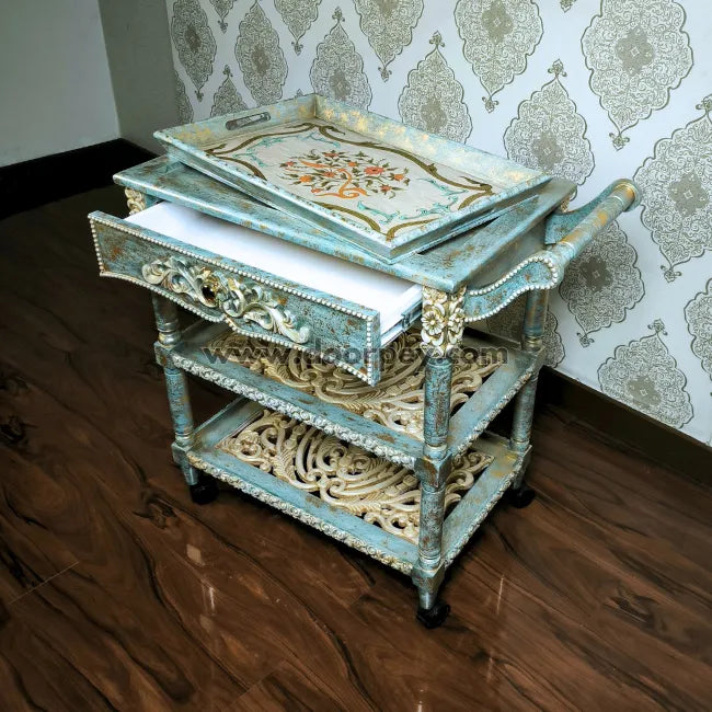 Antique Azure Wooden Trolley – Removable Tray Top & Drawer