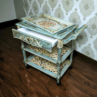 Antique Azure Wooden Trolley – Removable Tray Top & Drawer